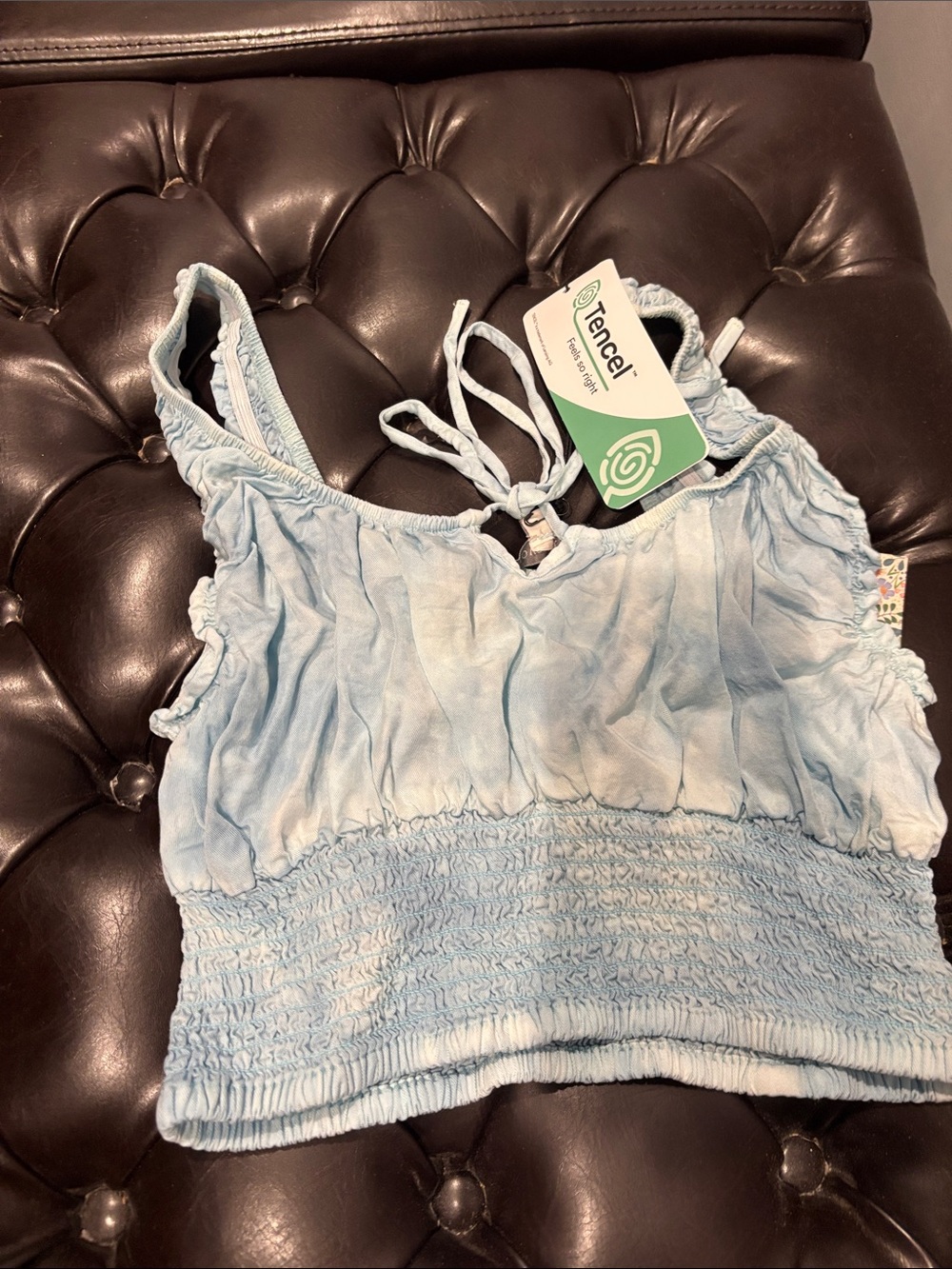 Love Tree Light Blue Smocked Tencel Crop Top